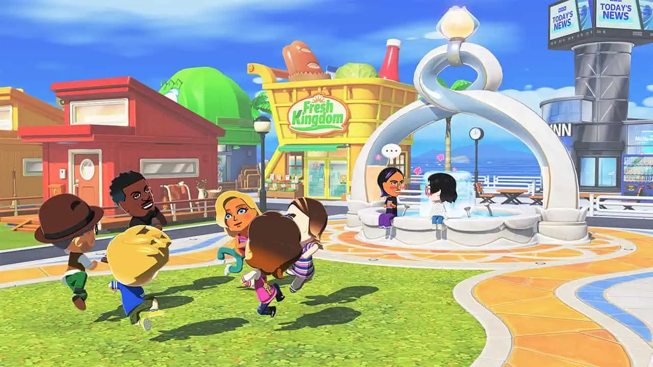 Vibrant scene of characters enjoying a sunny day at the amusement park in Tomodachi Life.