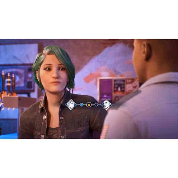 Female character with teal hair from Life is Strange in a game scene.