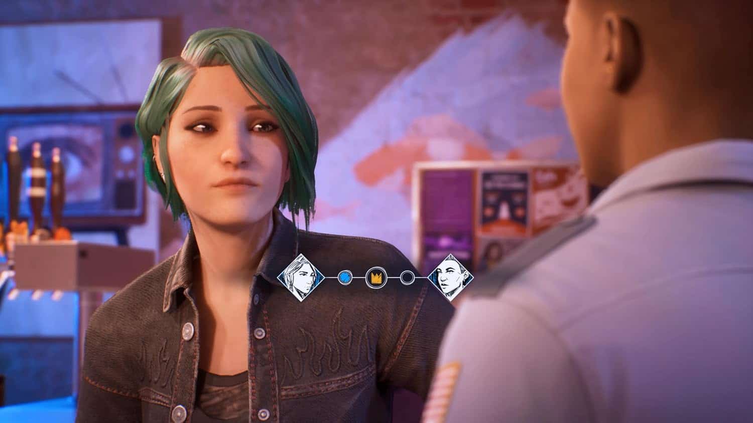 Female character with teal hair from Life is Strange in a game scene.