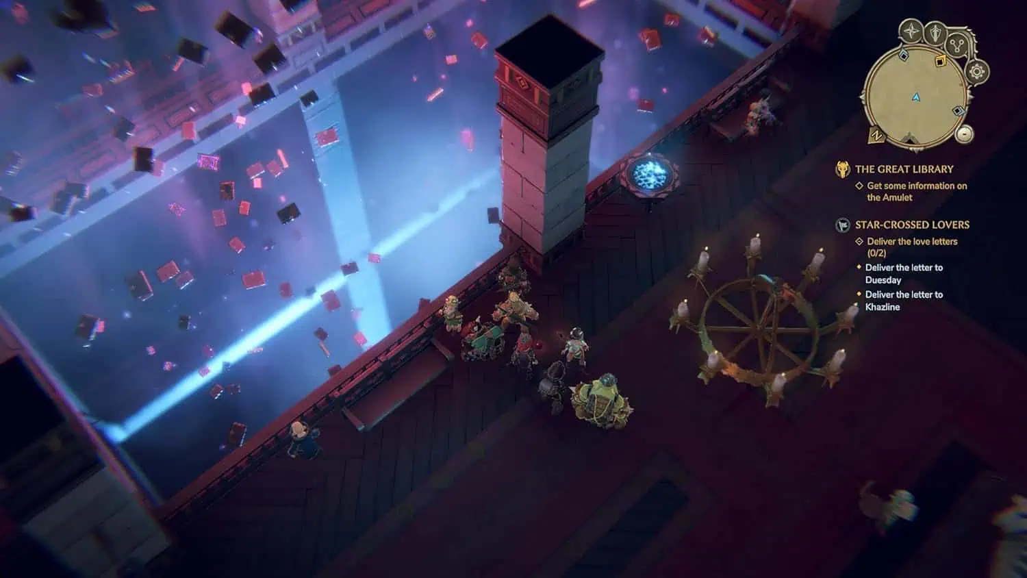Isometric view of a fantasy library with magical elements and puzzle components.