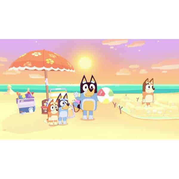 Cartoon cats enjoying a sunny beach with toys, umbrella, and beach ball at sunset.