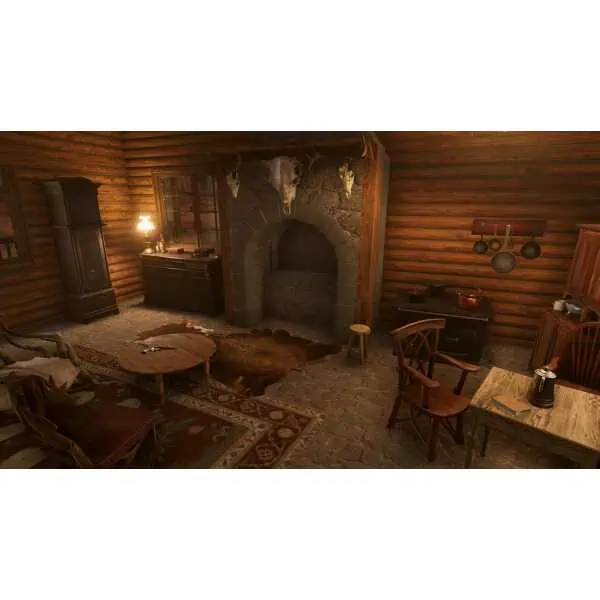 Cozy rustic cabin interior with wooden furniture and stone fireplace.