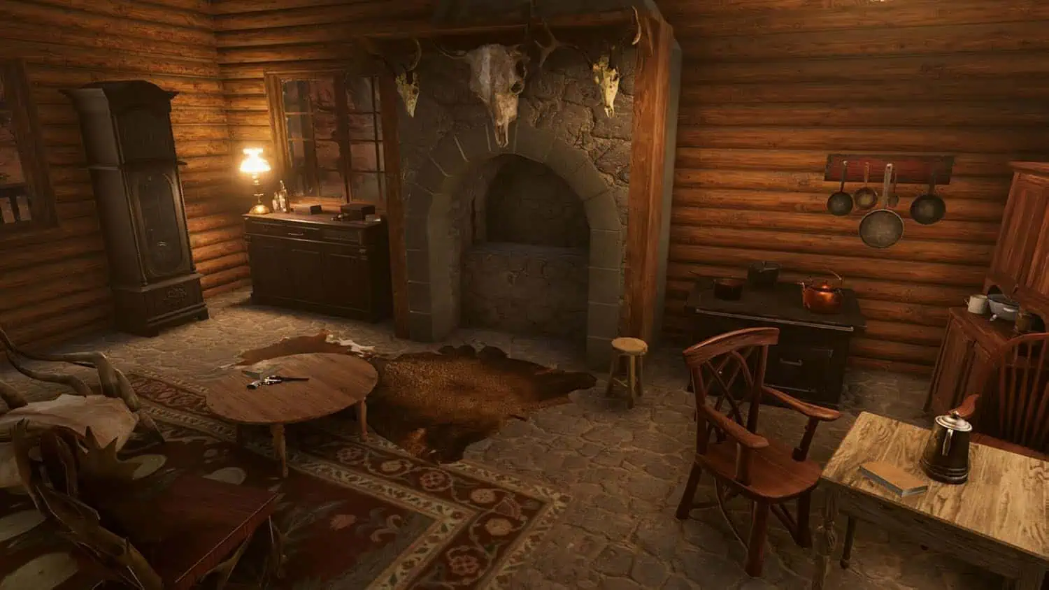 Cozy rustic cabin interior with wooden furniture and stone fireplace.