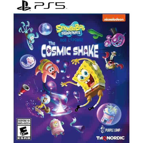 SpongeBob SquarePants The Cosmic Shake game cover with characters and vibrant space background.