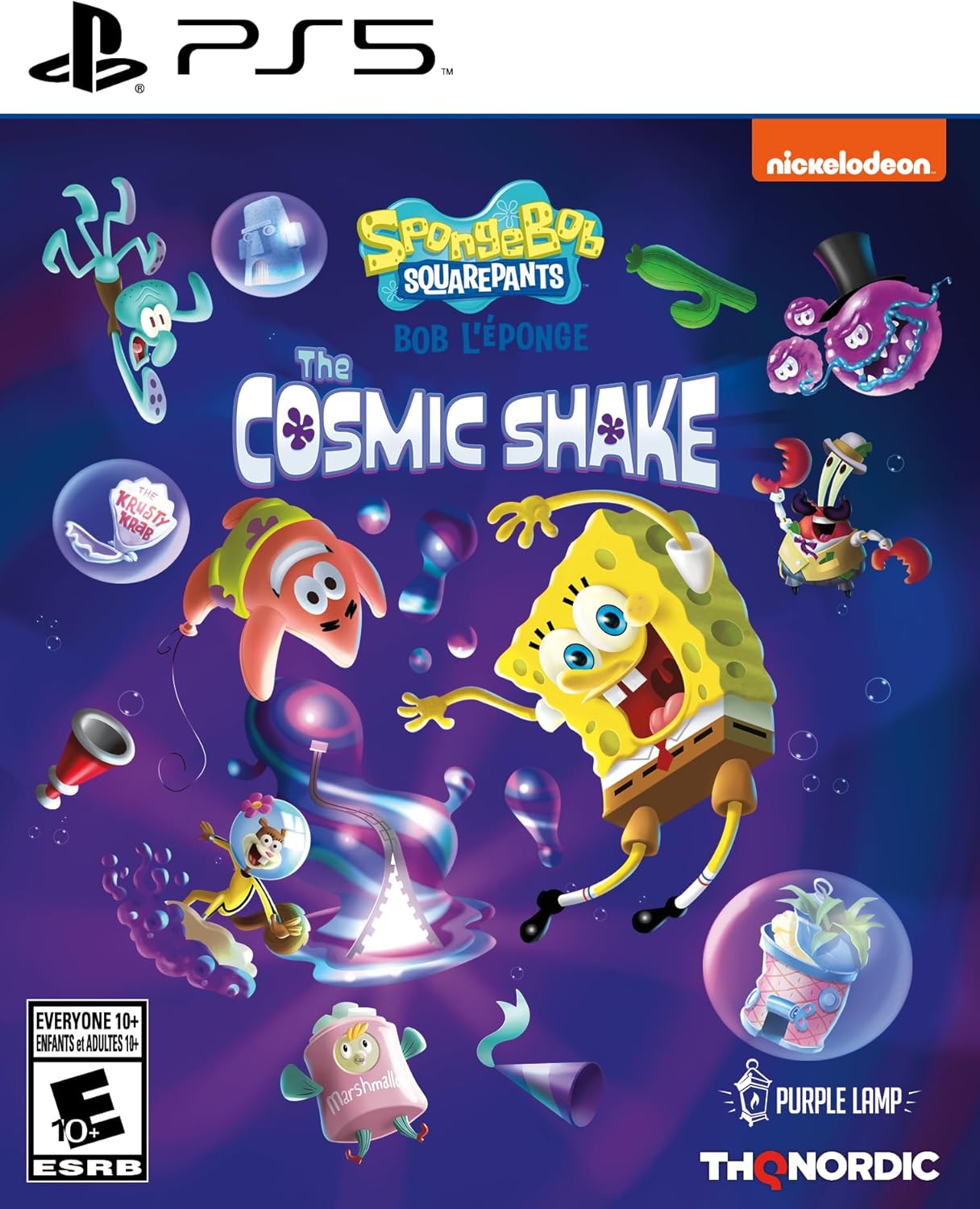 SpongeBob SquarePants The Cosmic Shake game cover with characters and vibrant space background.