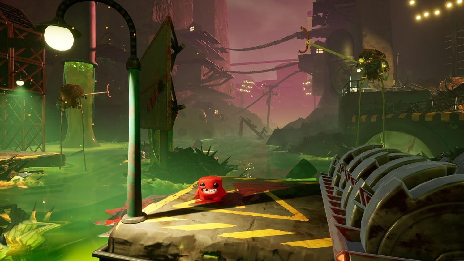 Super Meat Boy 3D video game scene with vibrant colors and animated character.