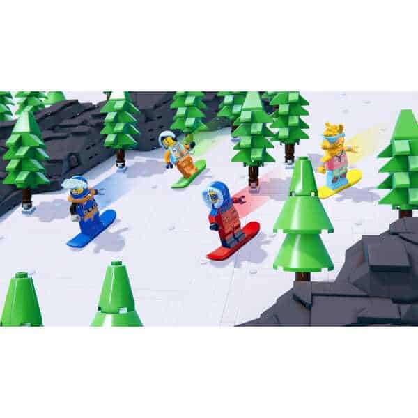 LEGO characters skiing on snowy mountain with pine trees and rocks.