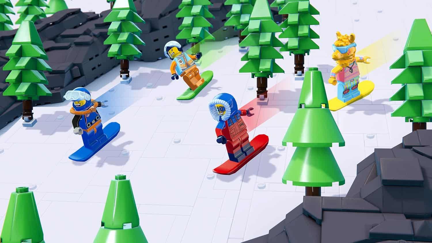 LEGO characters skiing on snowy mountain with pine trees and rocks.