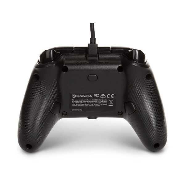 Black wired Xbox Series X controller with textured grips and cable.
