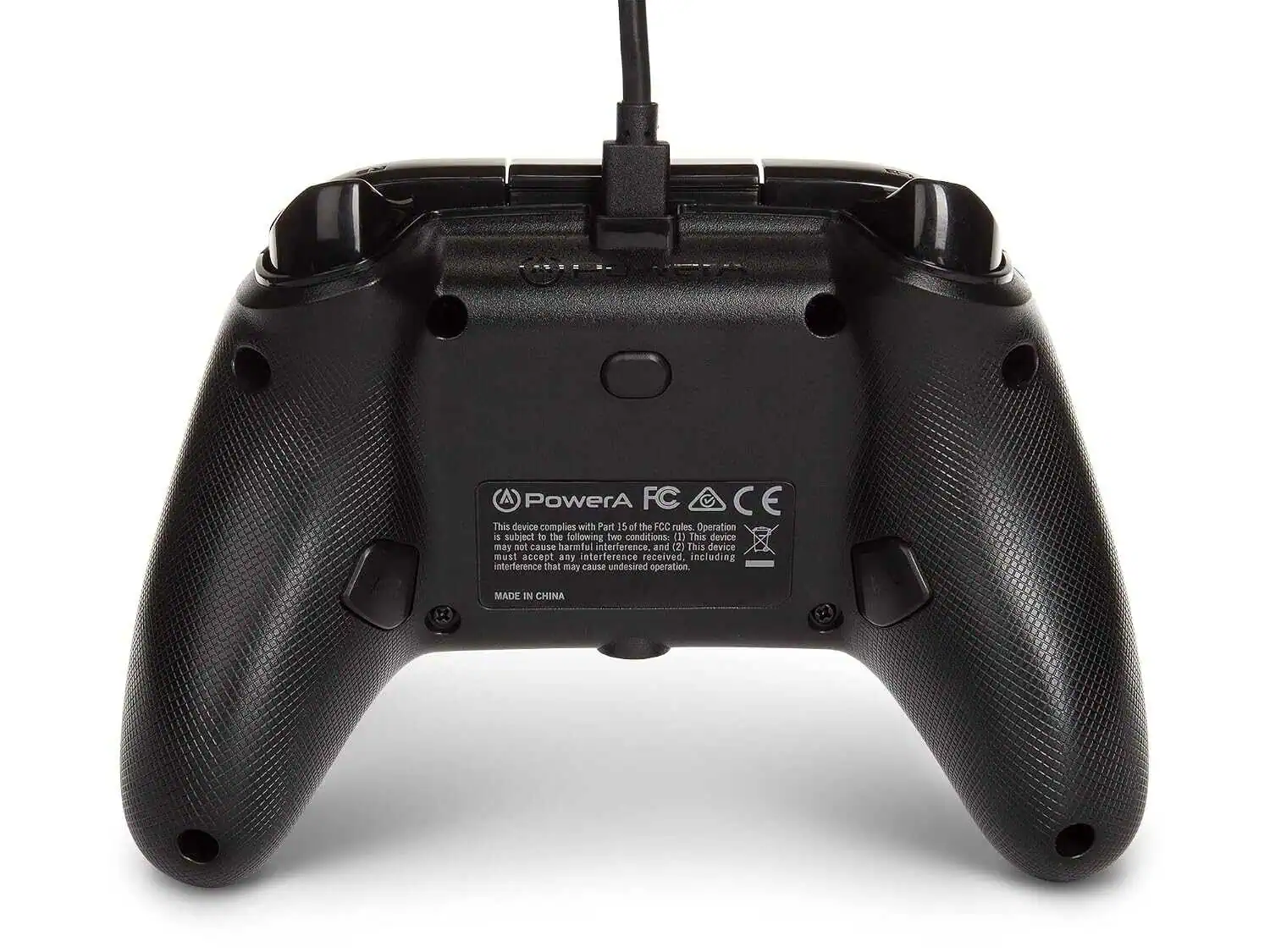 Black wired Xbox Series X controller with textured grips and cable.