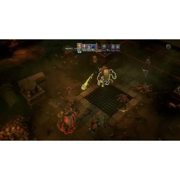 Battle scene with heroes fighting monsters on dark dungeon floor.