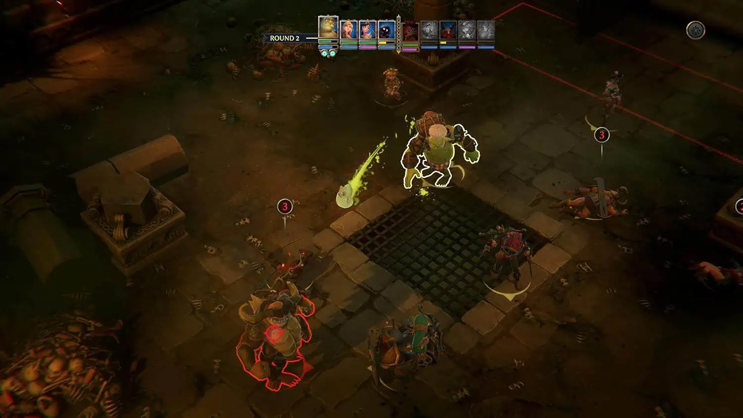 Battle scene with heroes fighting monsters on dark dungeon floor.