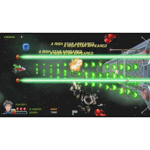 Spaceship shooting game with laser beams and explosions in Wings of Bluestar.