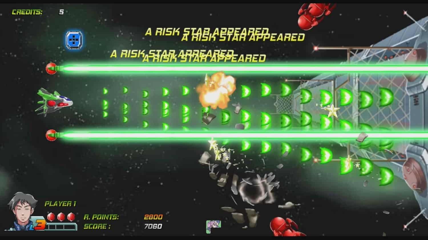 Spaceship shooting game with laser beams and explosions in Wings of Bluestar.