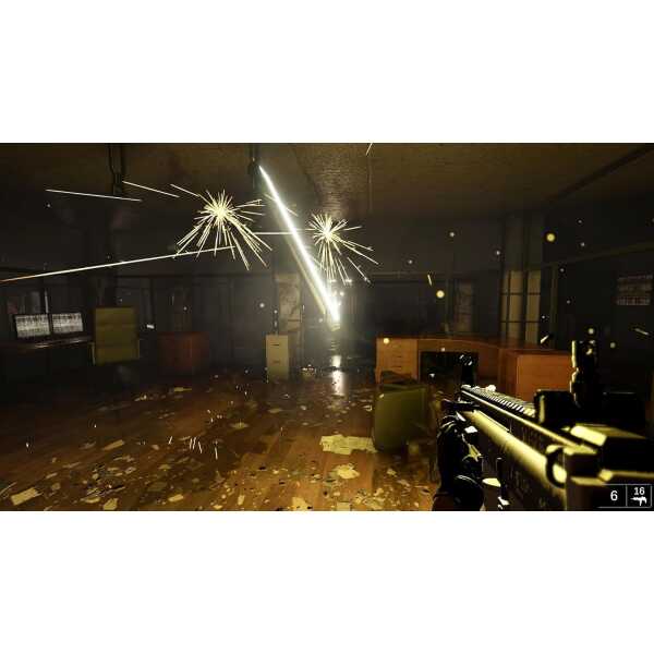 Office environment under attack with sparks and gunfire, intense gaming scene.