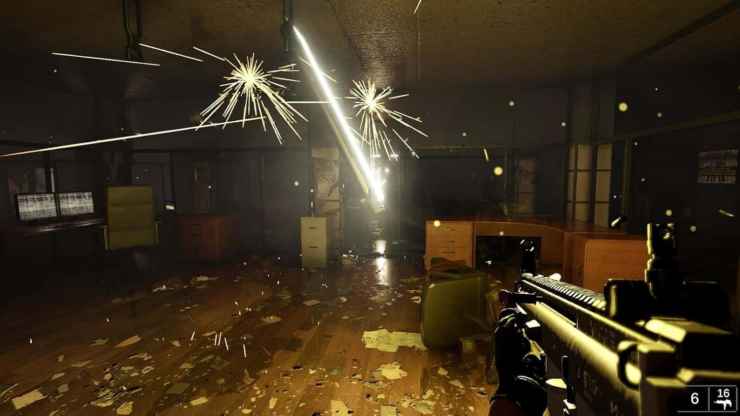 Office environment under attack with sparks and gunfire, intense gaming scene.