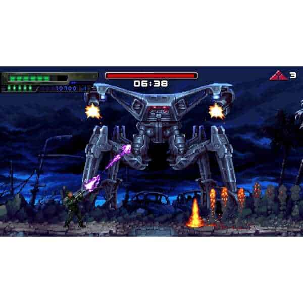Large robotic mech fighting in a dark, stormy landscape with explosions and laser fire.