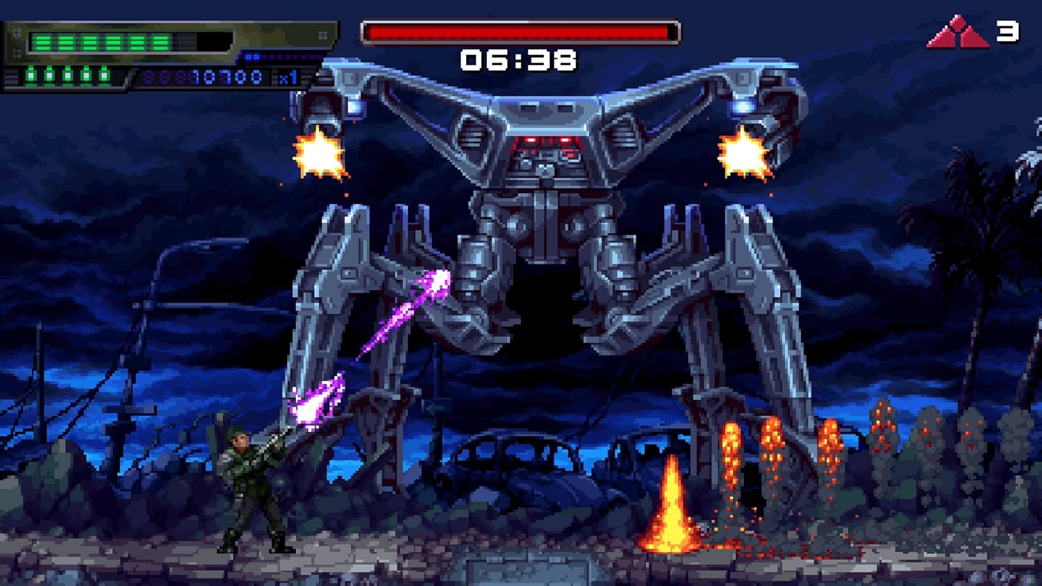 Large robotic mech fighting in a dark, stormy landscape with explosions and laser fire.