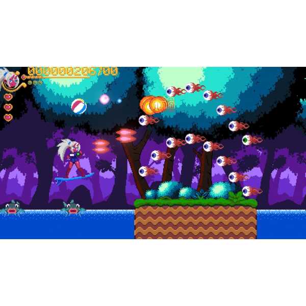 Pixel art of a character battling enemies in a moonlit forest scene.