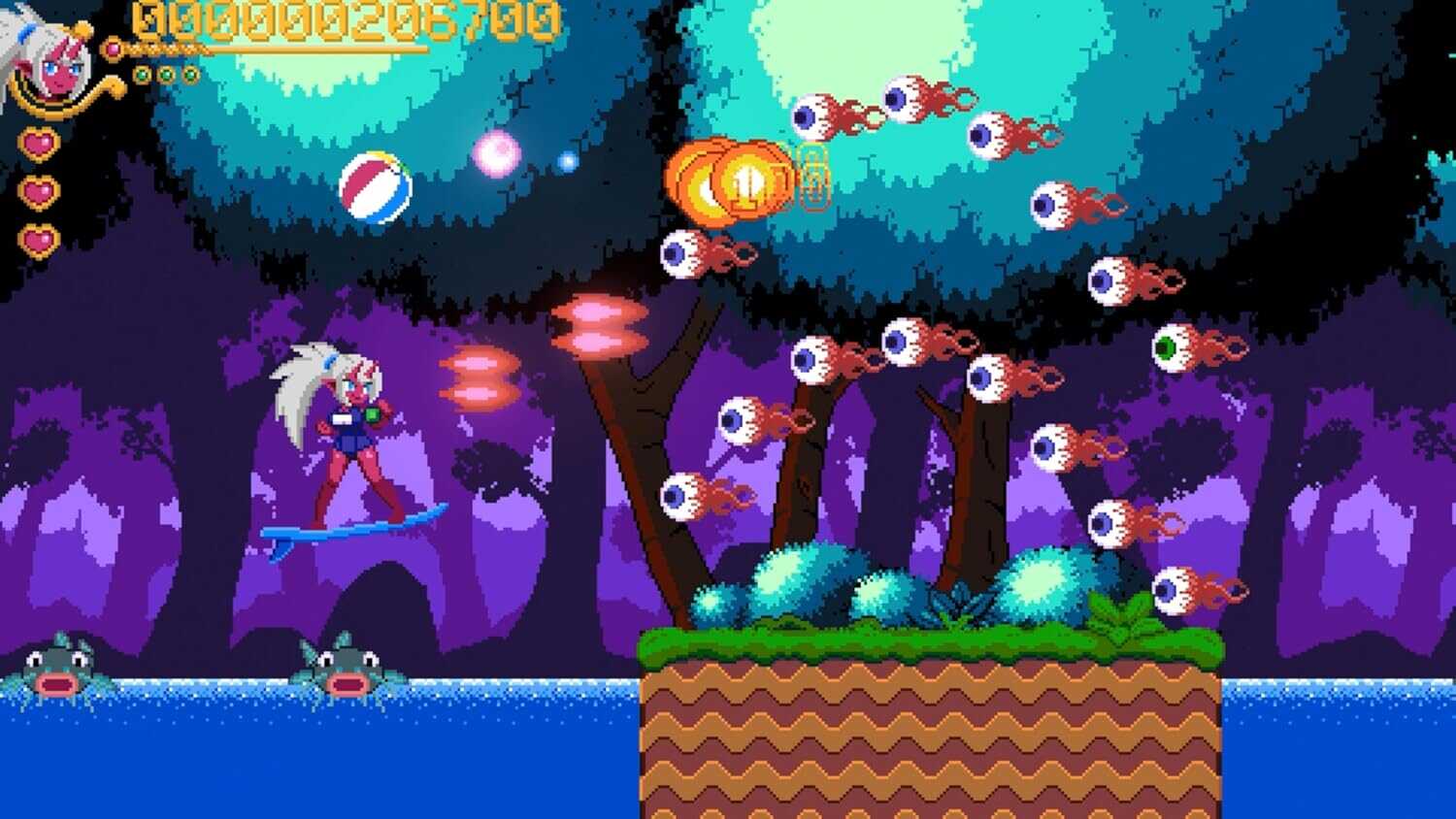 Pixel art of a character battling enemies in a moonlit forest scene.