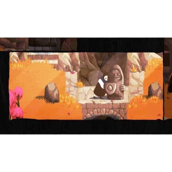 Colorful game scene with a penguin and stone statue in vibrant autumn setting.