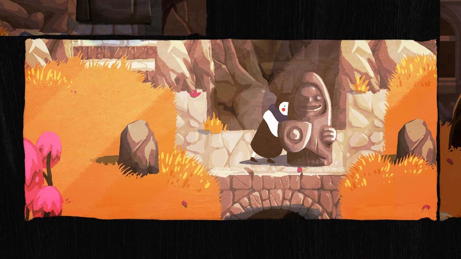 Colorful game scene with a penguin and stone statue in vibrant autumn setting.