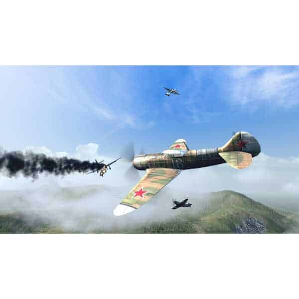 Vintage warplanes engaged in aerial combat over mountainous terrain.