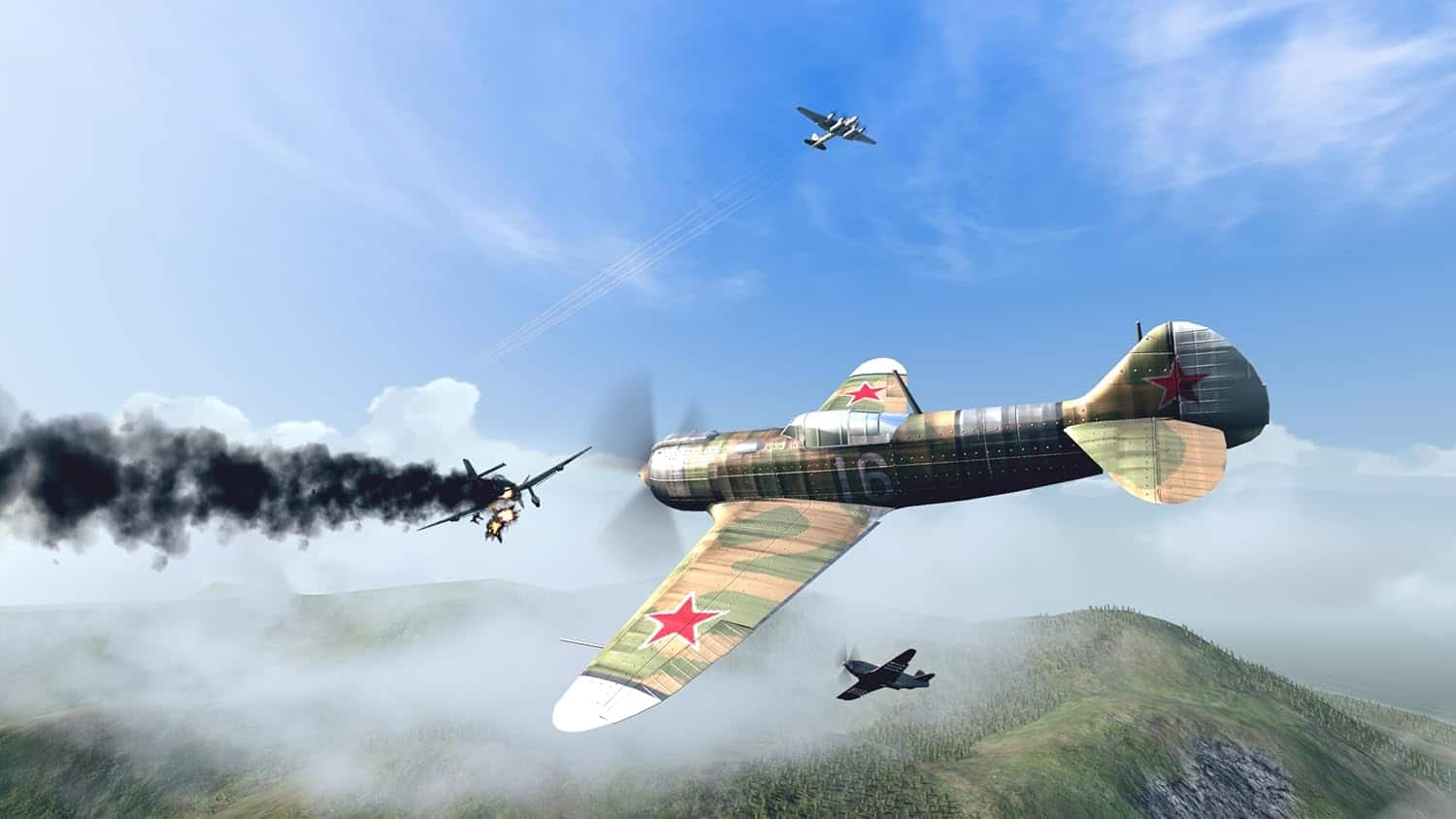 Vintage warplanes engaged in aerial combat over mountainous terrain.