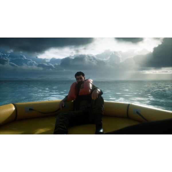 Man sitting on a yellow boat in the sea with cloudy sky background.