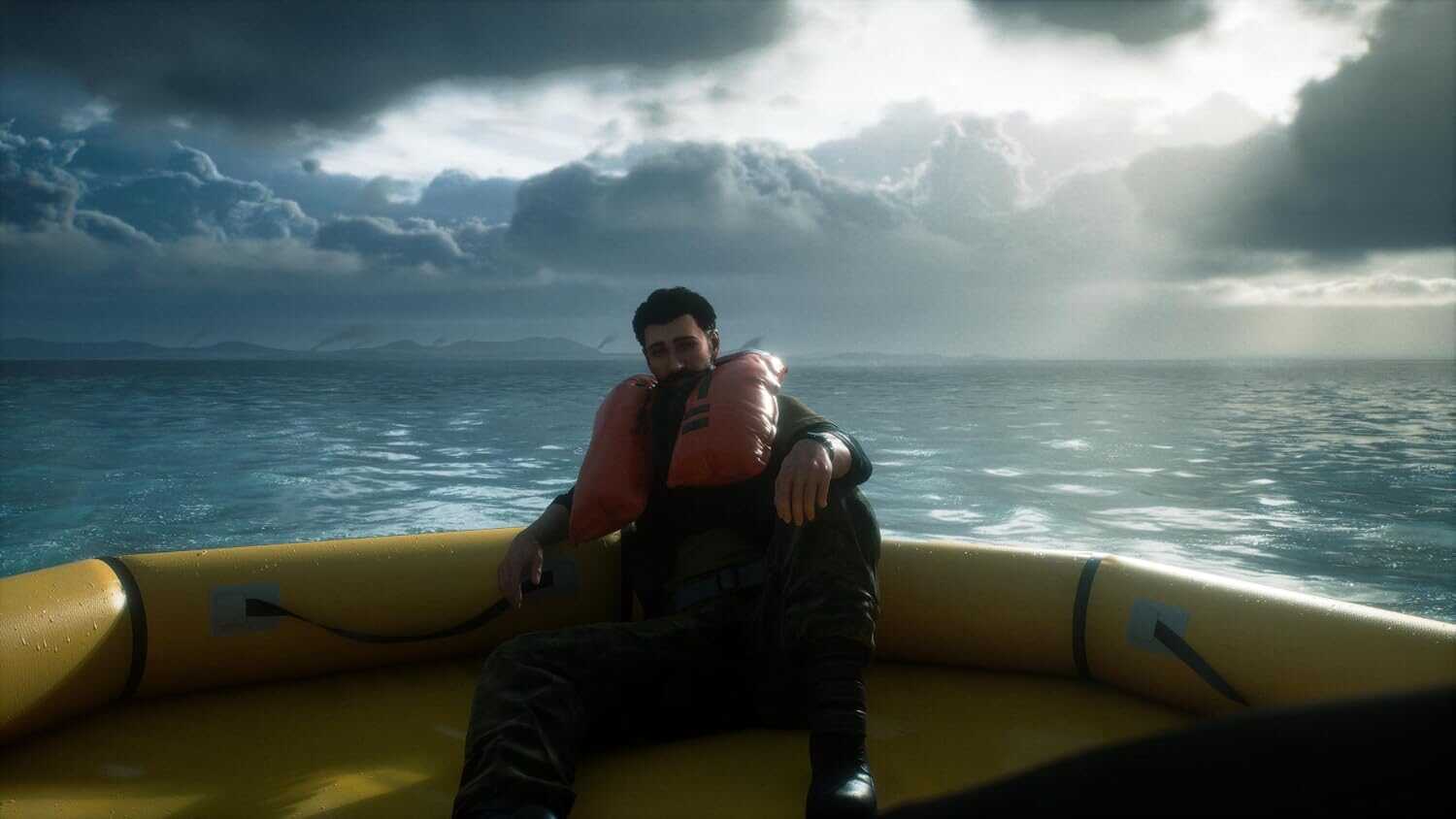 Man sitting on a yellow boat in the sea with cloudy sky background.