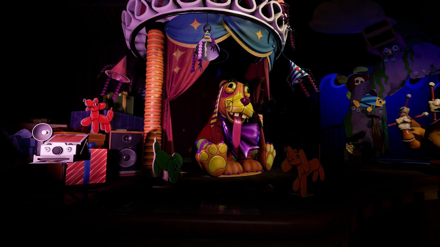 FNAF-inspired puppet show scene with colorful characters and stage setup. Perfect for gaming and ent.