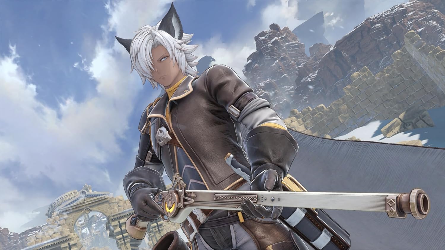Fantasy warrior character wielding a sword in a mountainous landscape.
