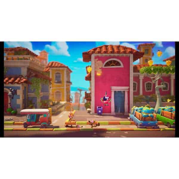 Vibrant animated cityscape with buildings, trees, and vehicles from Marsupilami 2: Salsa Palombia.