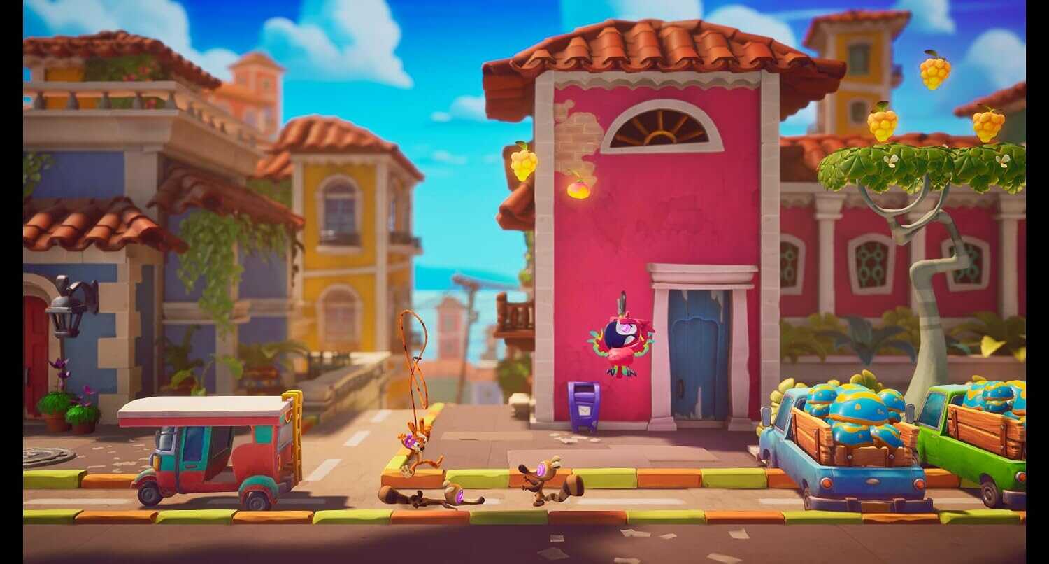 Vibrant animated cityscape with buildings, trees, and vehicles from Marsupilami 2: Salsa Palombia.