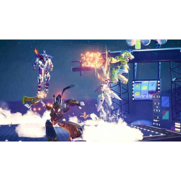 Ultraman battling robots in a futuristic arena from Override 2 game.