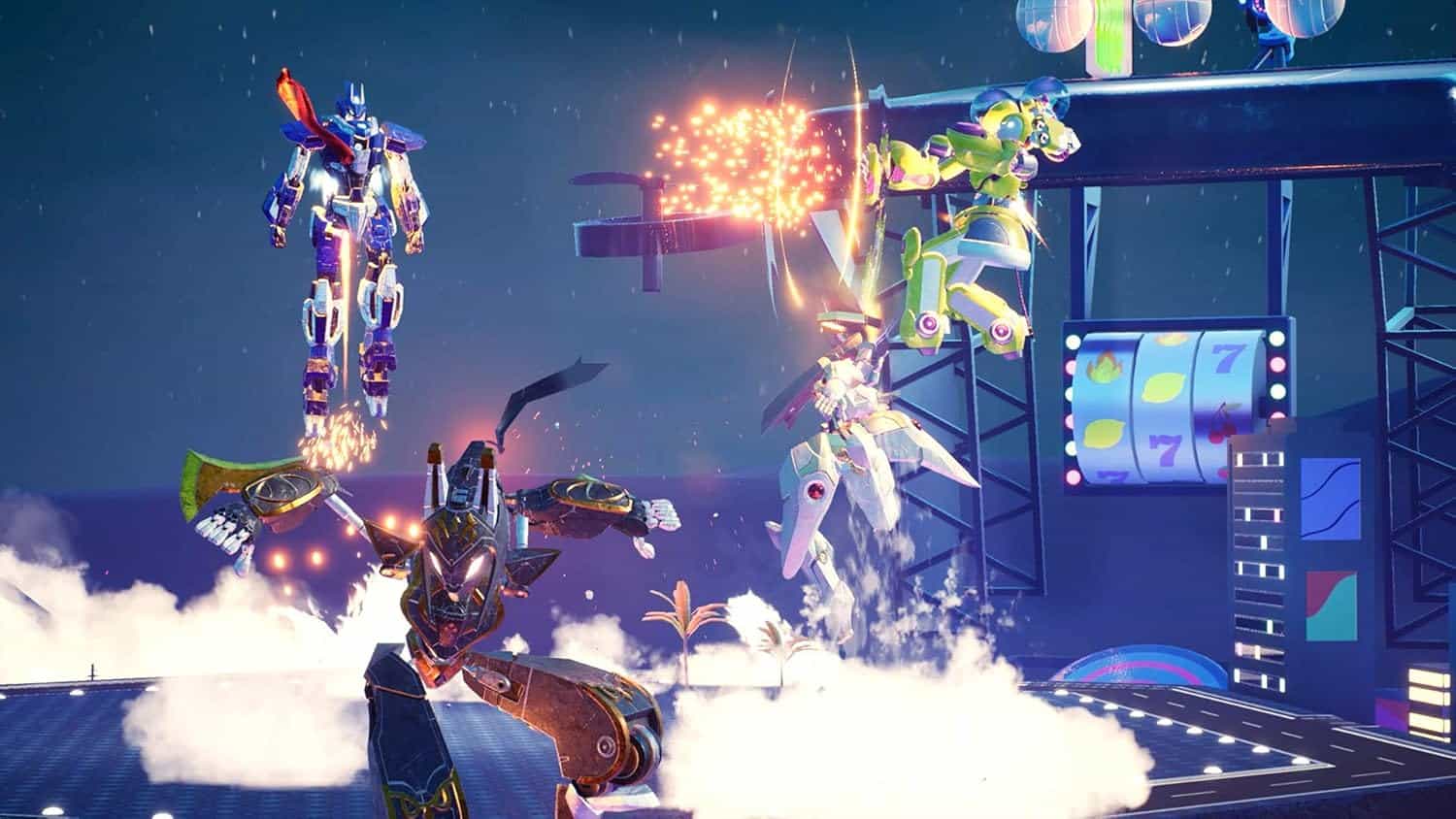 Ultraman battling robots in a futuristic arena from Override 2 game.