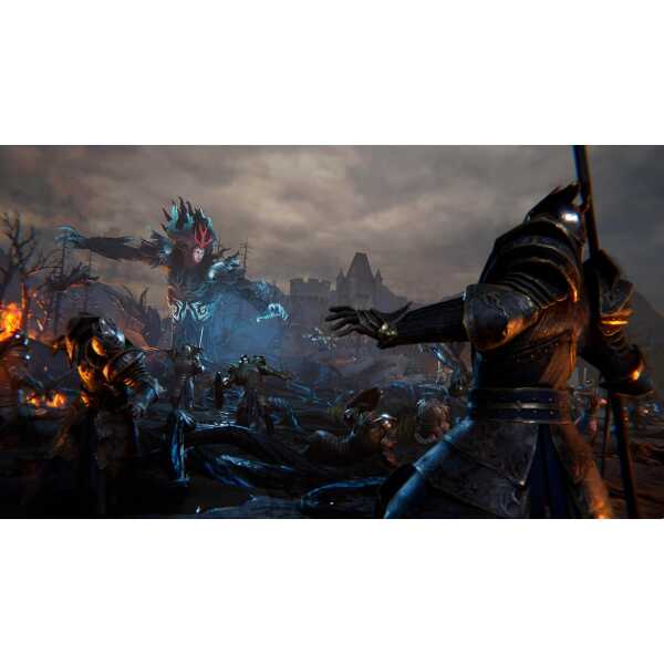 Dark fantasy battle scene with armored warriors fighting a monstrous dragon in a war-torn landscape.