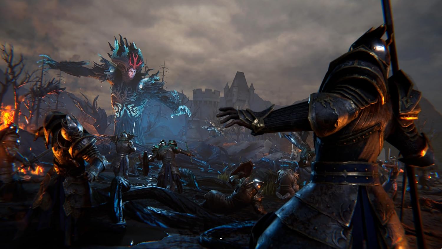 Dark fantasy battle scene with armored warriors fighting a monstrous dragon in a war-torn landscape.