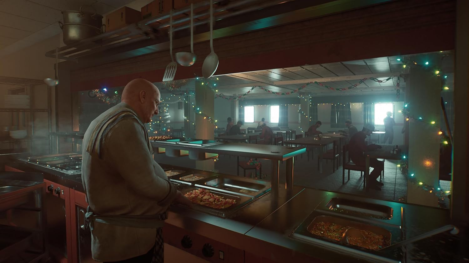 Chef preparing pizza in a cozy, festive restaurant with warm lighting and holiday decorations.