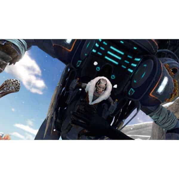 Futuristic sci-fi character in space suit with advanced technology, set against a space background.