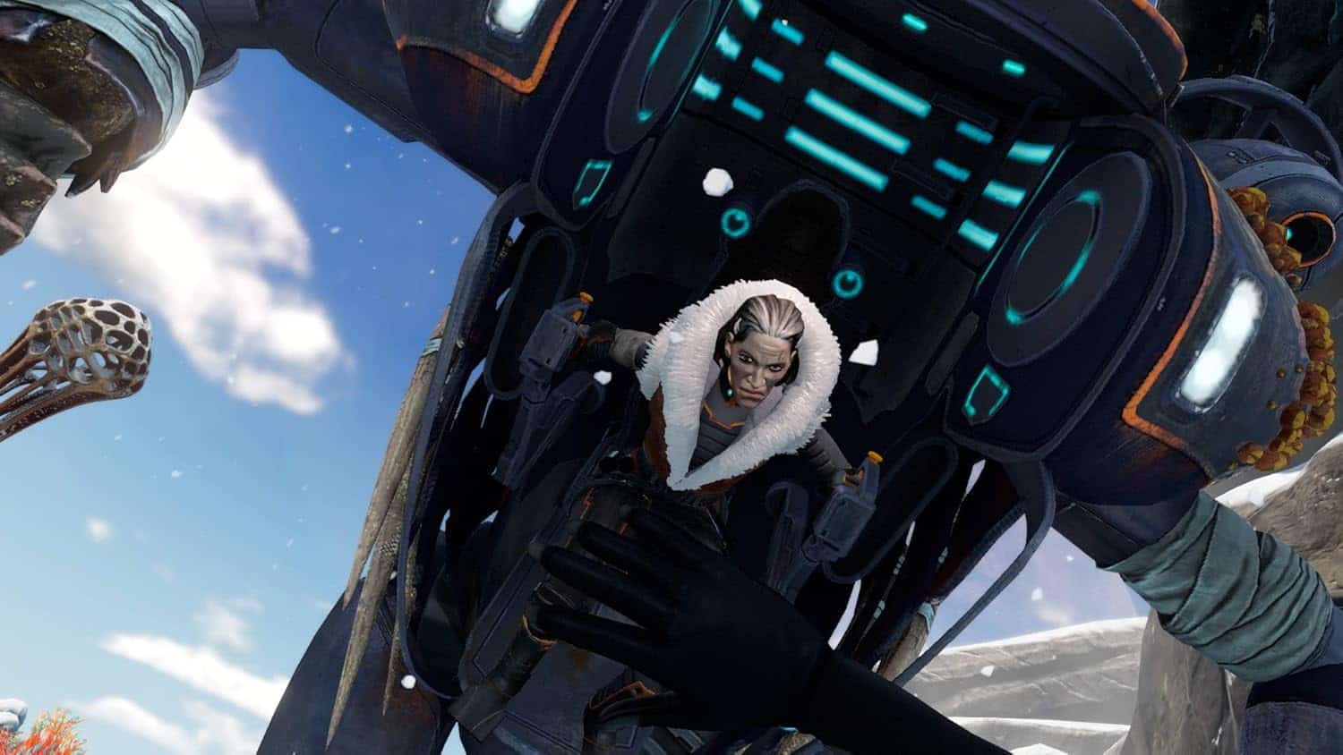 Futuristic sci-fi character in space suit with advanced technology, set against a space background.