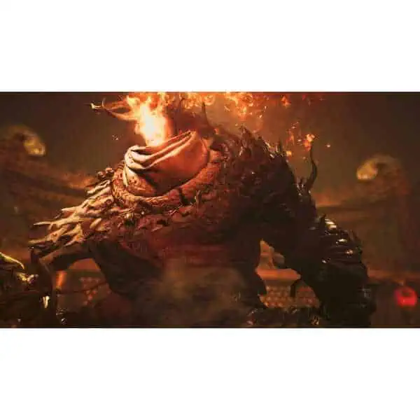 Fierce demon warrior with flaming head in a dark, fiery setting from Onimusha game.