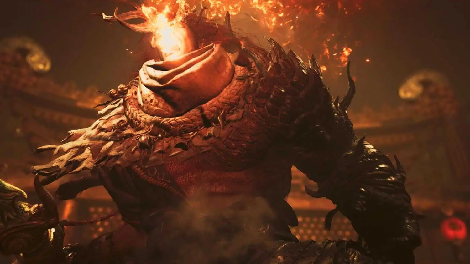 Fierce demon warrior with flaming head in a dark, fiery setting from Onimusha game.