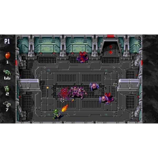 Classic pixel art video game scene with characters battling alien enemies.