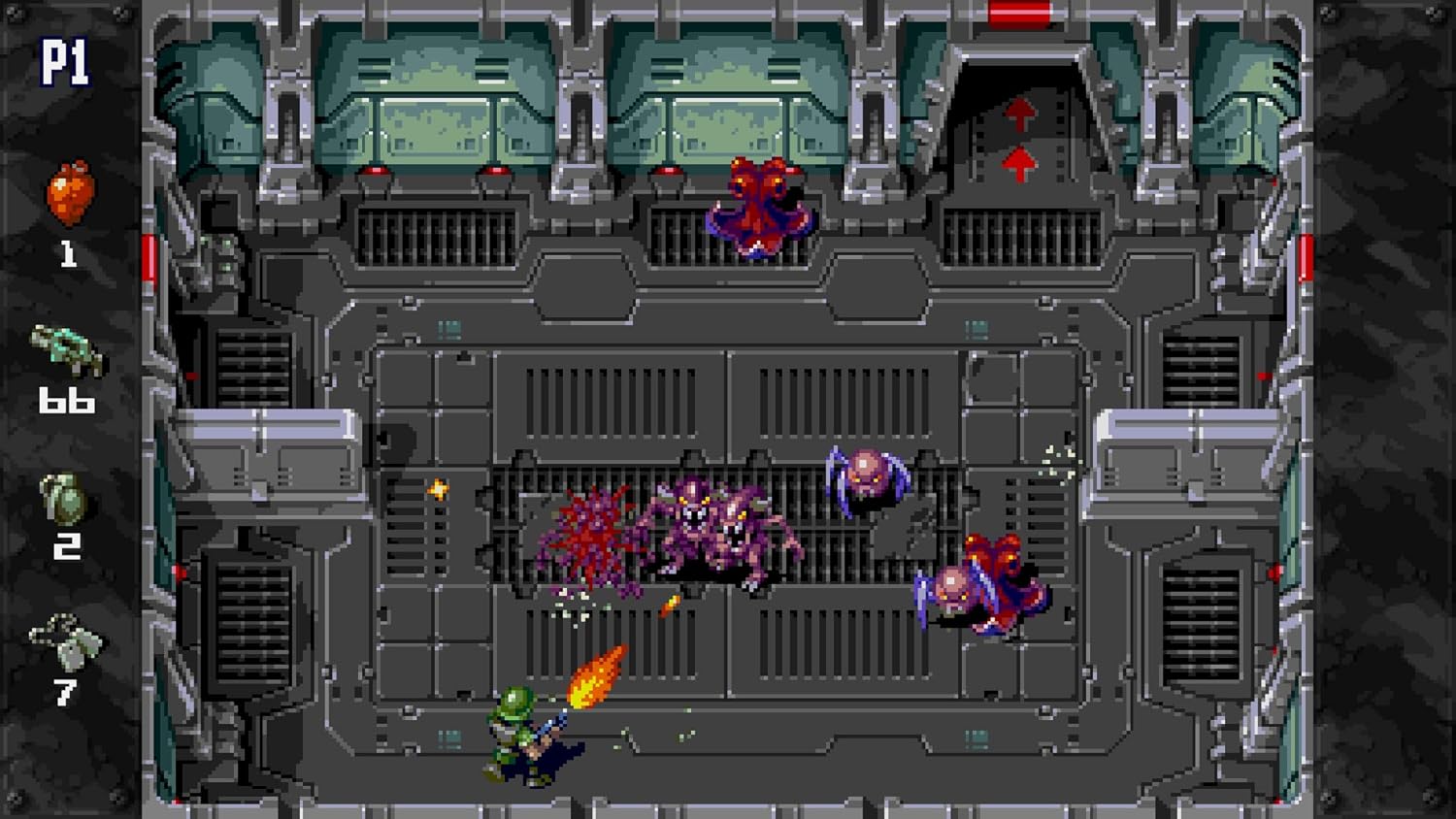 Classic pixel art video game scene with characters battling alien enemies.