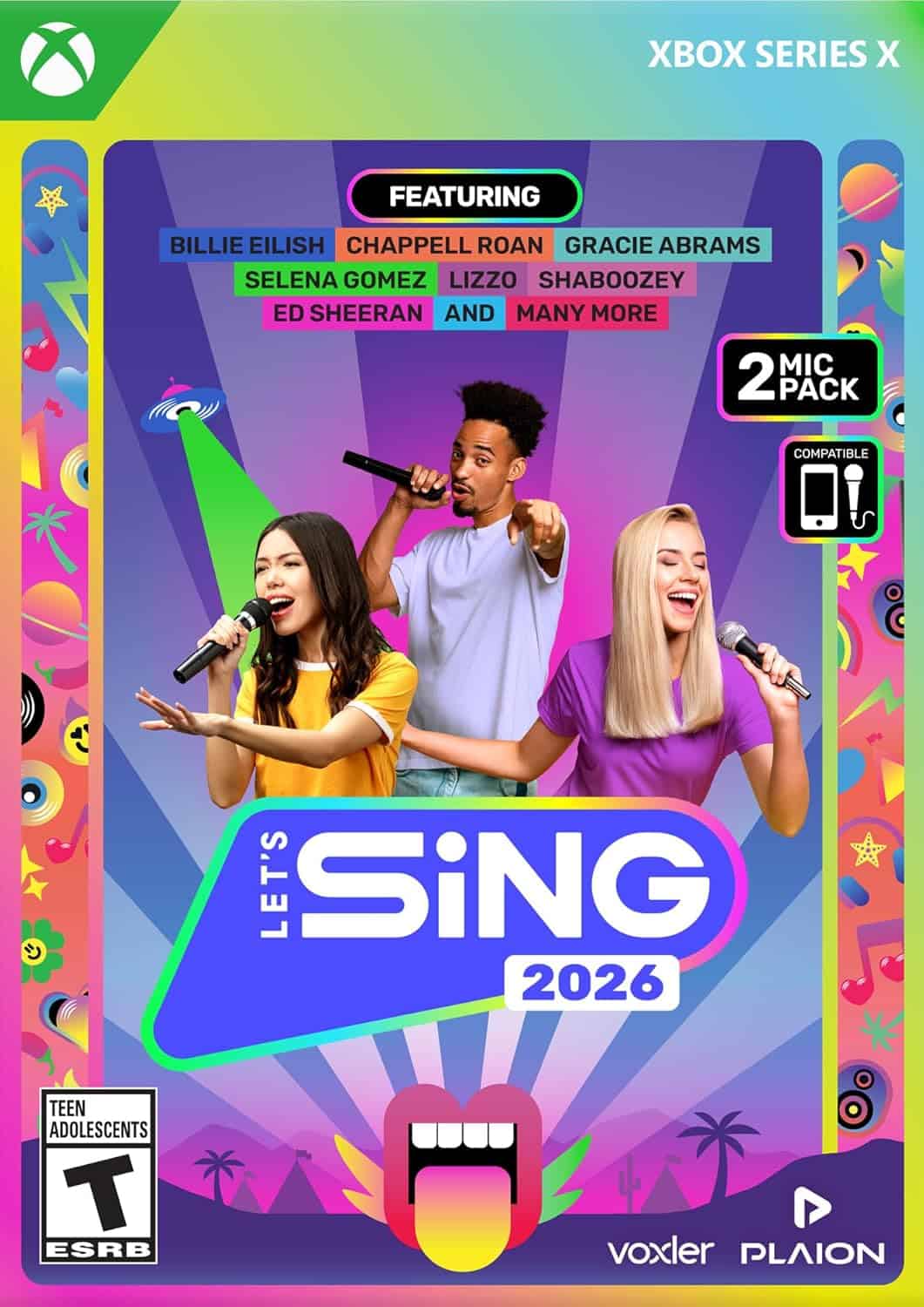 Karaoke game cover featuring diverse singers with microphones, vibrant colors, and game title for Xb.