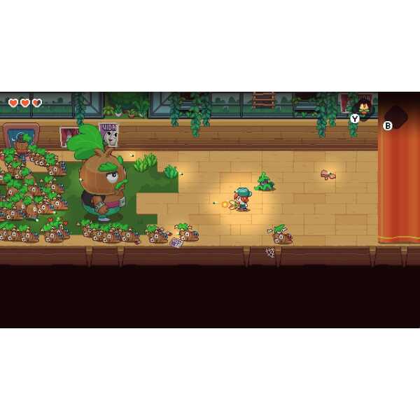 Pixel art scene from Gameware showing a character fighting mice on a wooden stage.