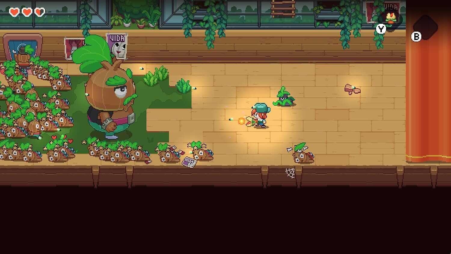 Pixel art scene from Gameware showing a character fighting mice on a wooden stage.