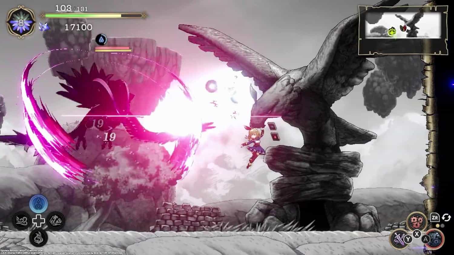 Intense gameplay scene of Ariana fighting Elder Codex from "Ariana and the Elder Codex".