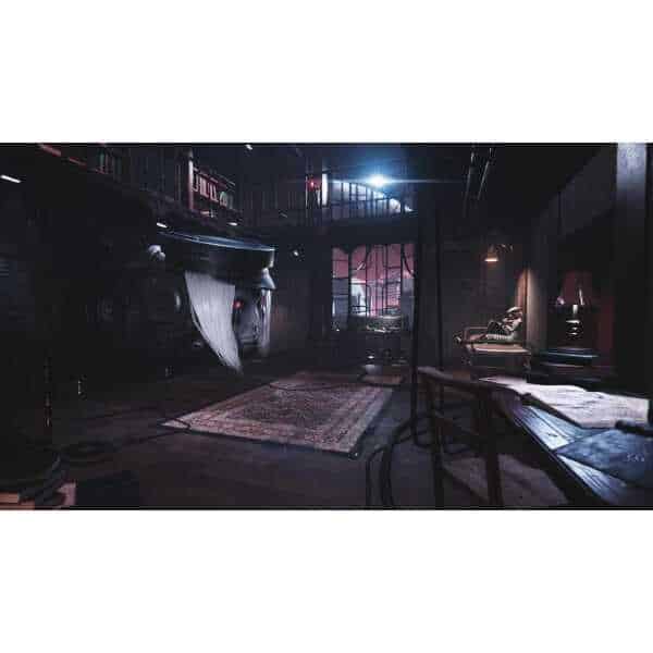 Dark interior scene from Luna Abyss: Adrift Edition with futuristic machinery and furniture.